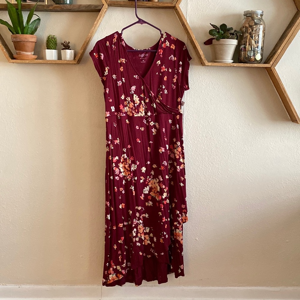 A Glow Maternity faux wrap midi floral dress high low hem